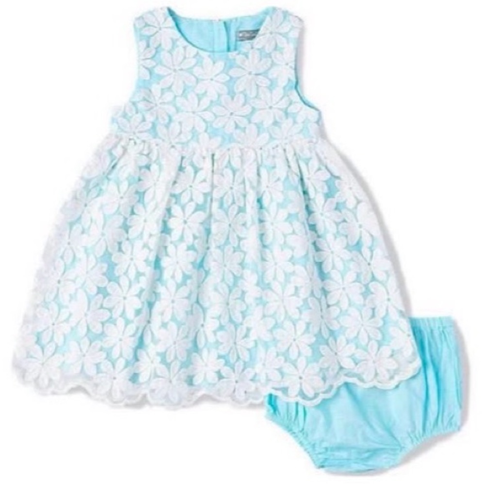 Sleeveless Aqua Floral Lace Baby Dress with Bloomers